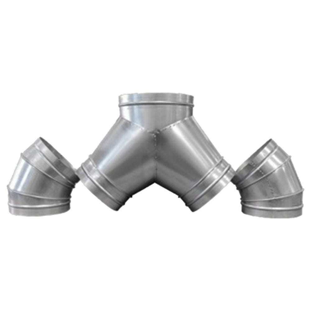 TrueFlame vent hood duct wye fitting, galvanized metal with three round connections