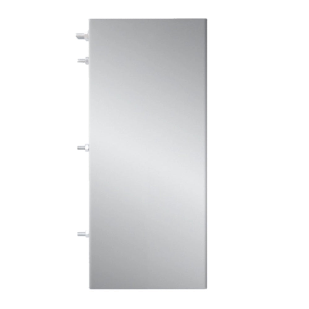 Metal spacer bracket for vent hood, flat gray plate with three bolts
