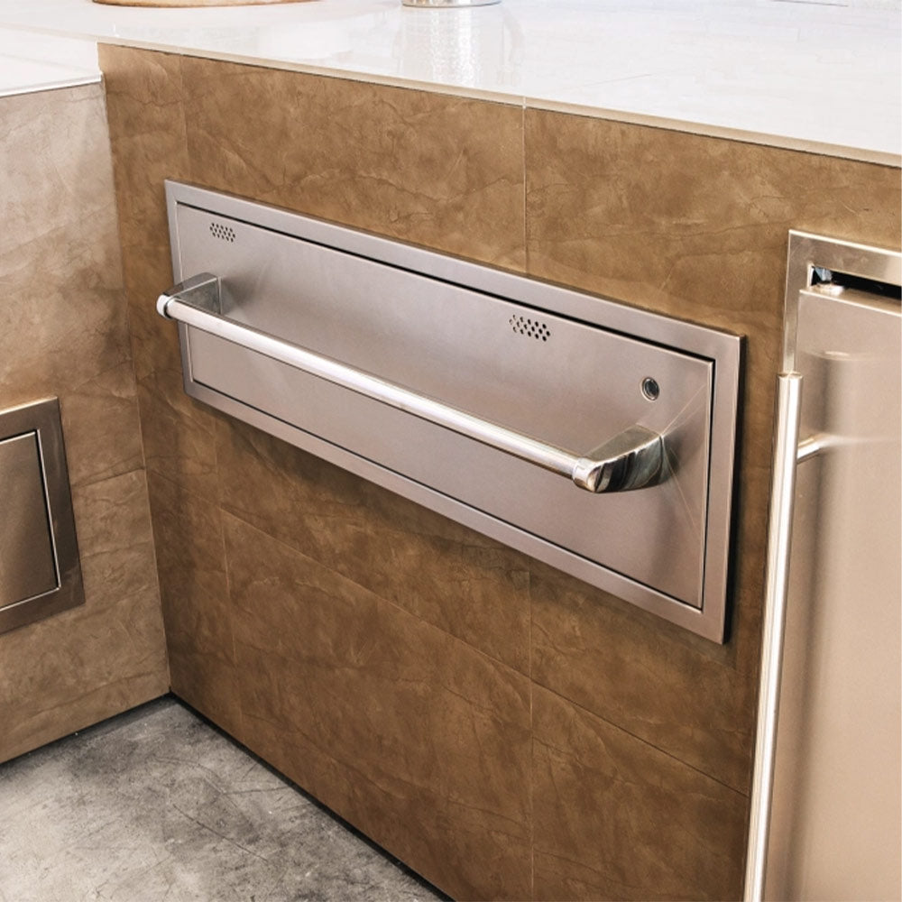Built-in stainless warming drawer with handle rail and vented control panel