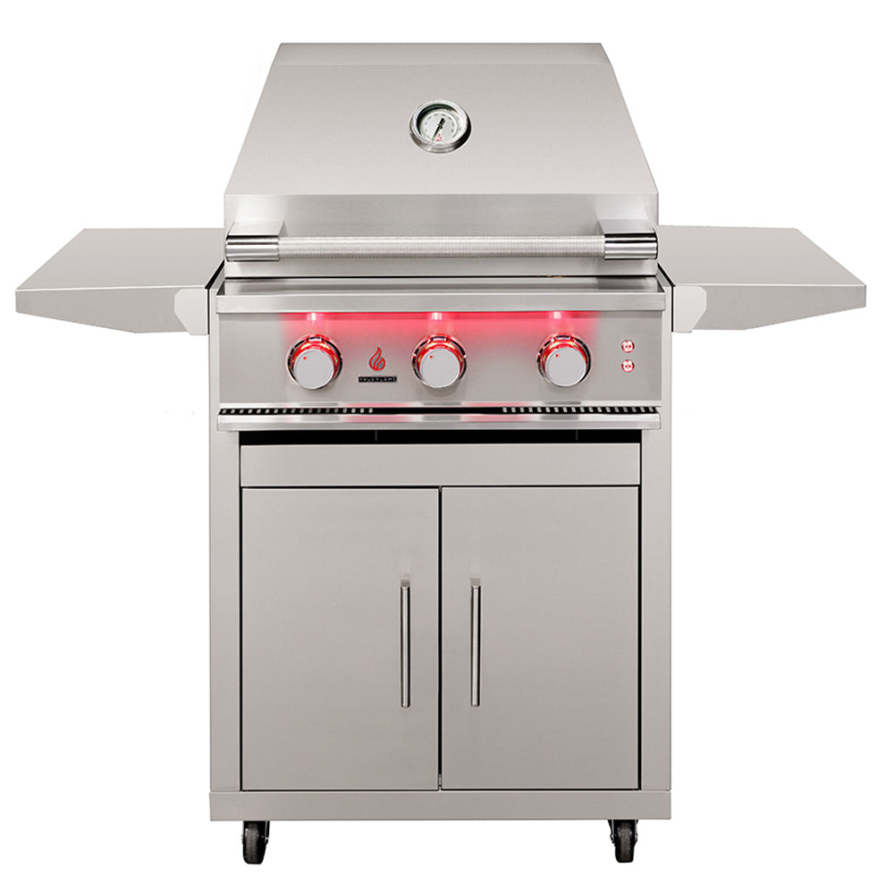 Stainless steel gas grill on a deluxe cart with control knobs and side shelves