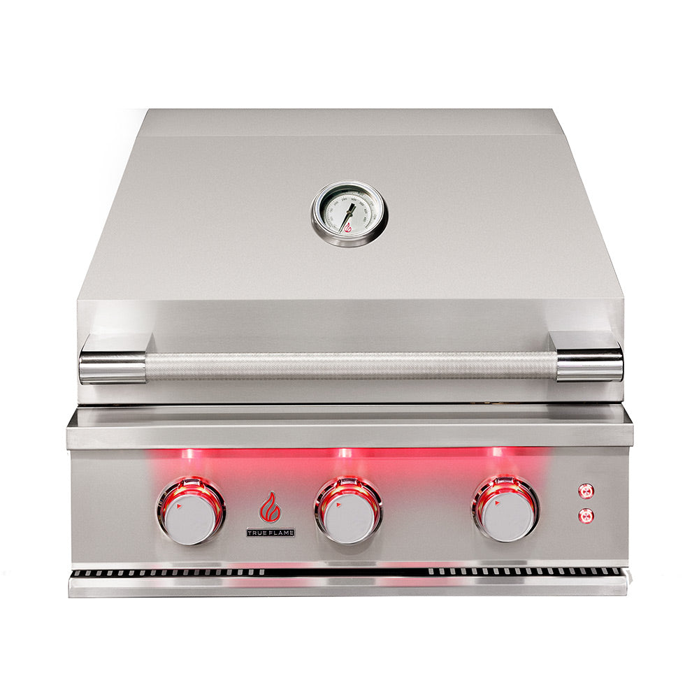 Stainless built-in gas grill with 3 front knobs and thermometer on control panel
