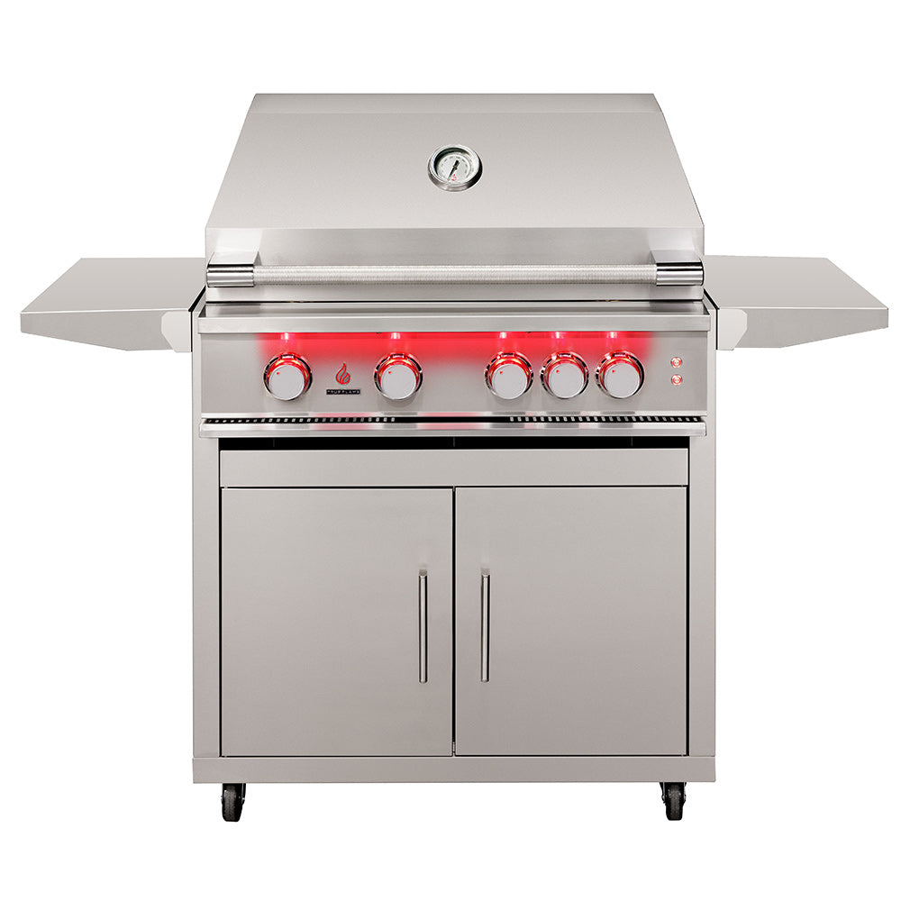 Stainless steel gas grill on cart with red control knobs and cabinet doors