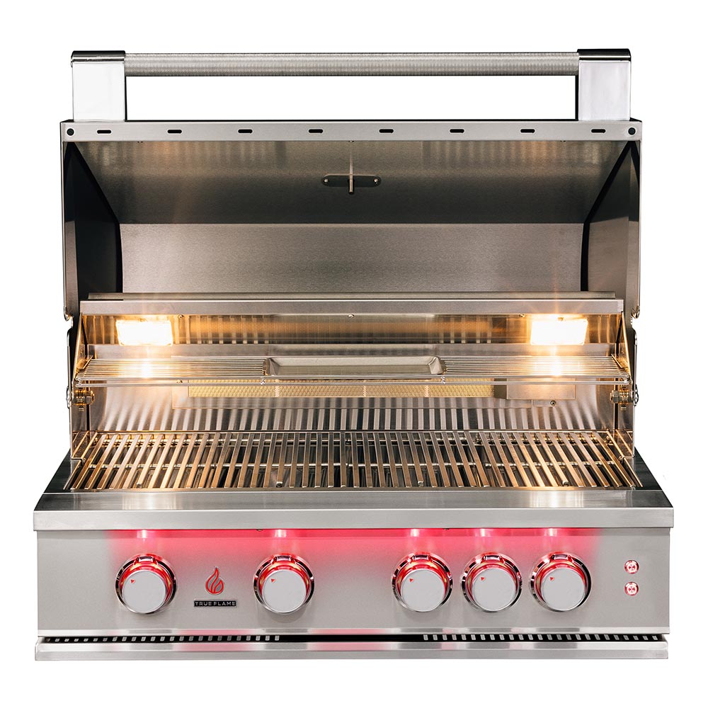 Built-in gas grill open lid showing cooking grates and internal burners
