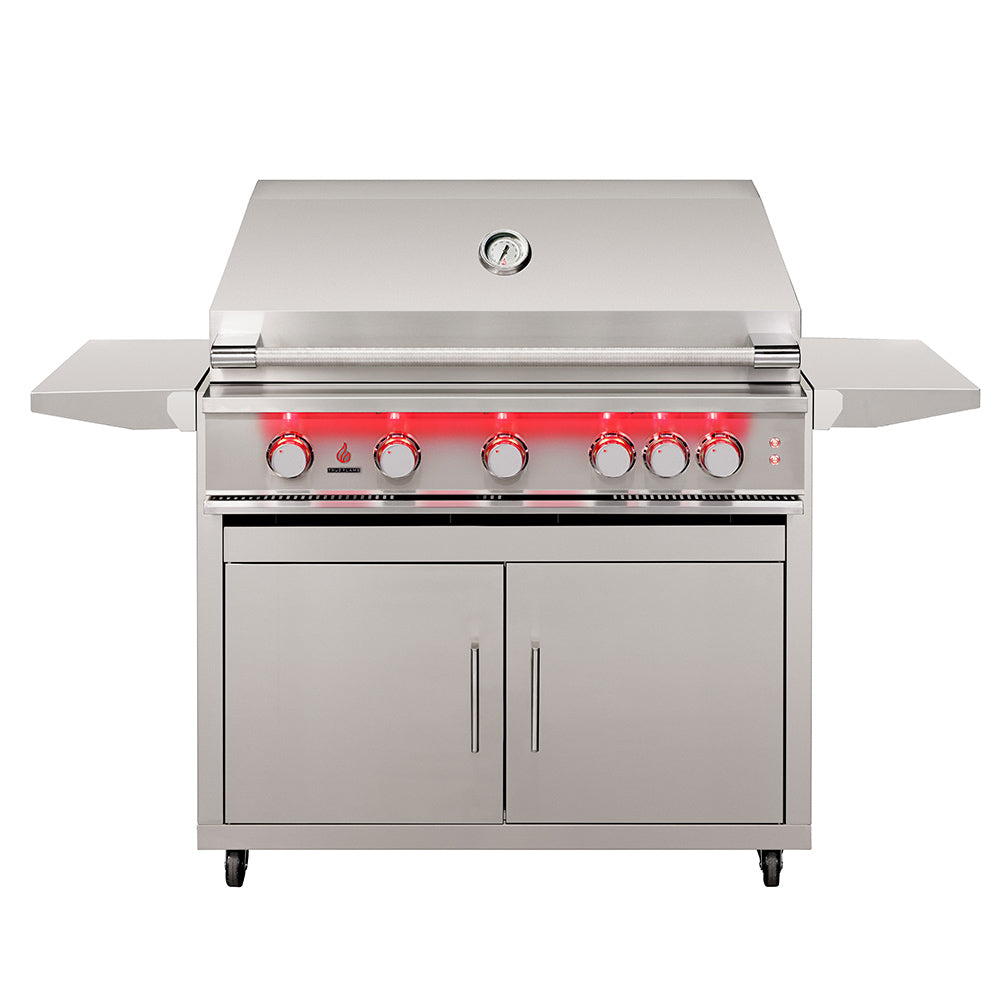 Stainless steel gas grill on cart with glowing burners, control knobs, and double doors