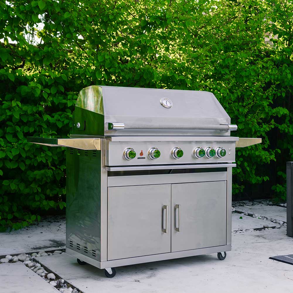 Stainless steel gas grill on wheeled cart with side doors and control panel
