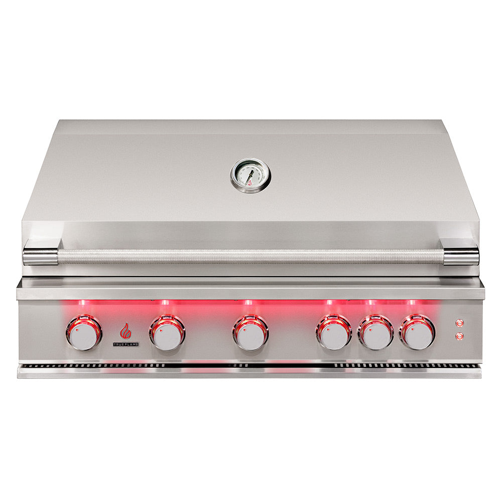 Stainless steel built-in gas grill with control knobs and sear burner strip