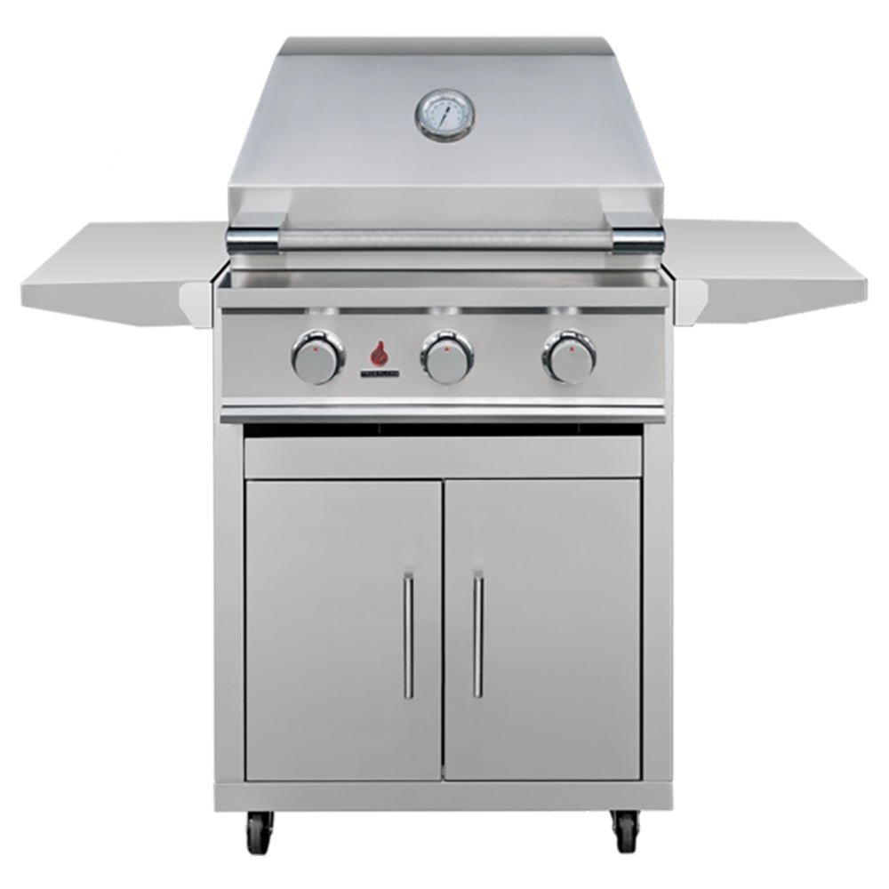 Stainless steel gas grill with three control knobs, warming rack, and cabinet doors