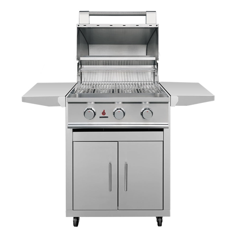 Stainless steel gas grill with open lid, cooking grates, and three front control knobs