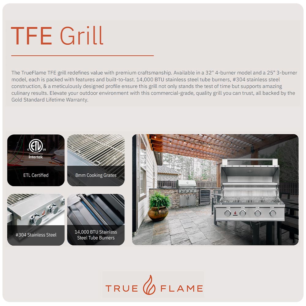 TFE Grill product brochure panel with certification icons and True Flame branding