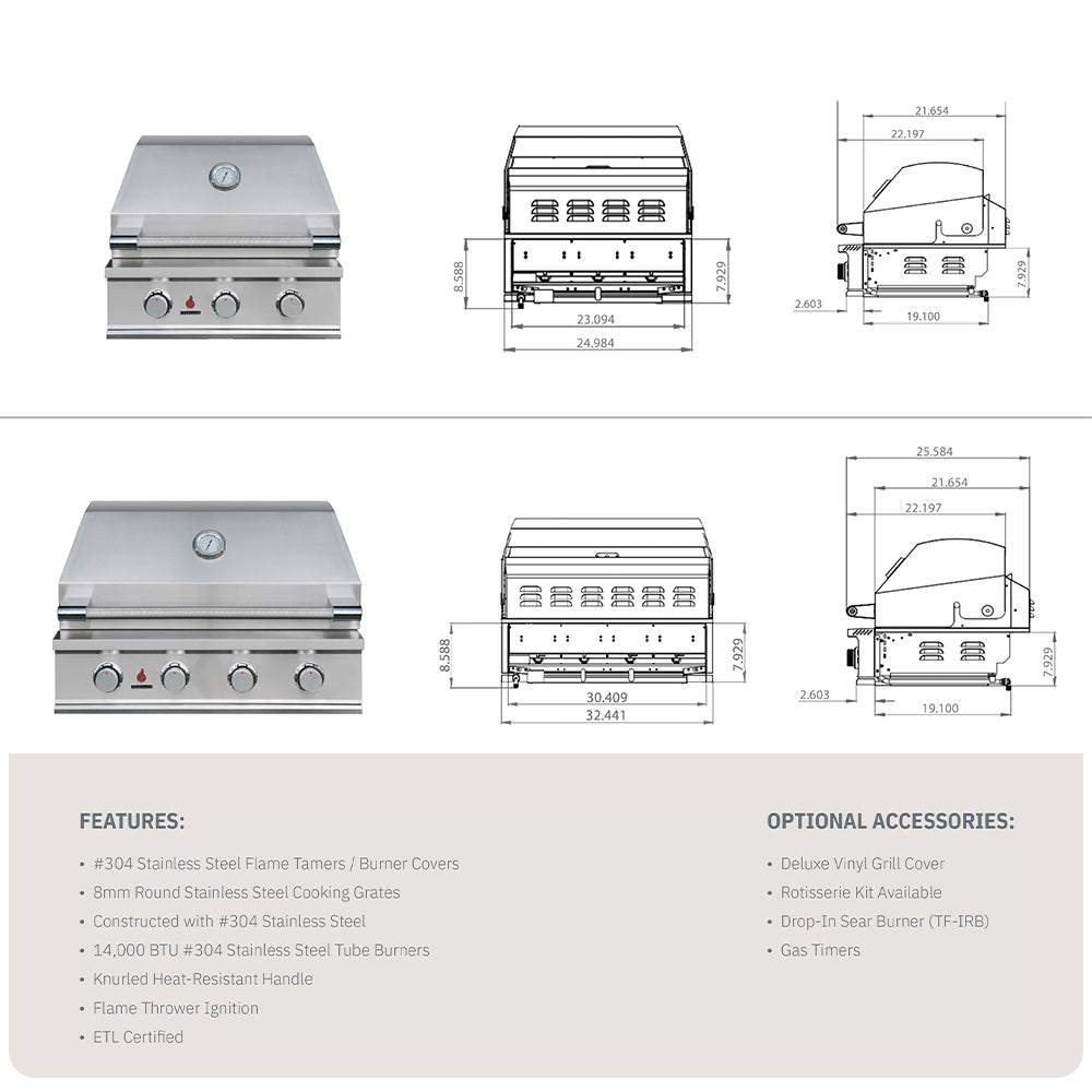 Gas grill spec sheet with front, top, and side diagrams and feature list