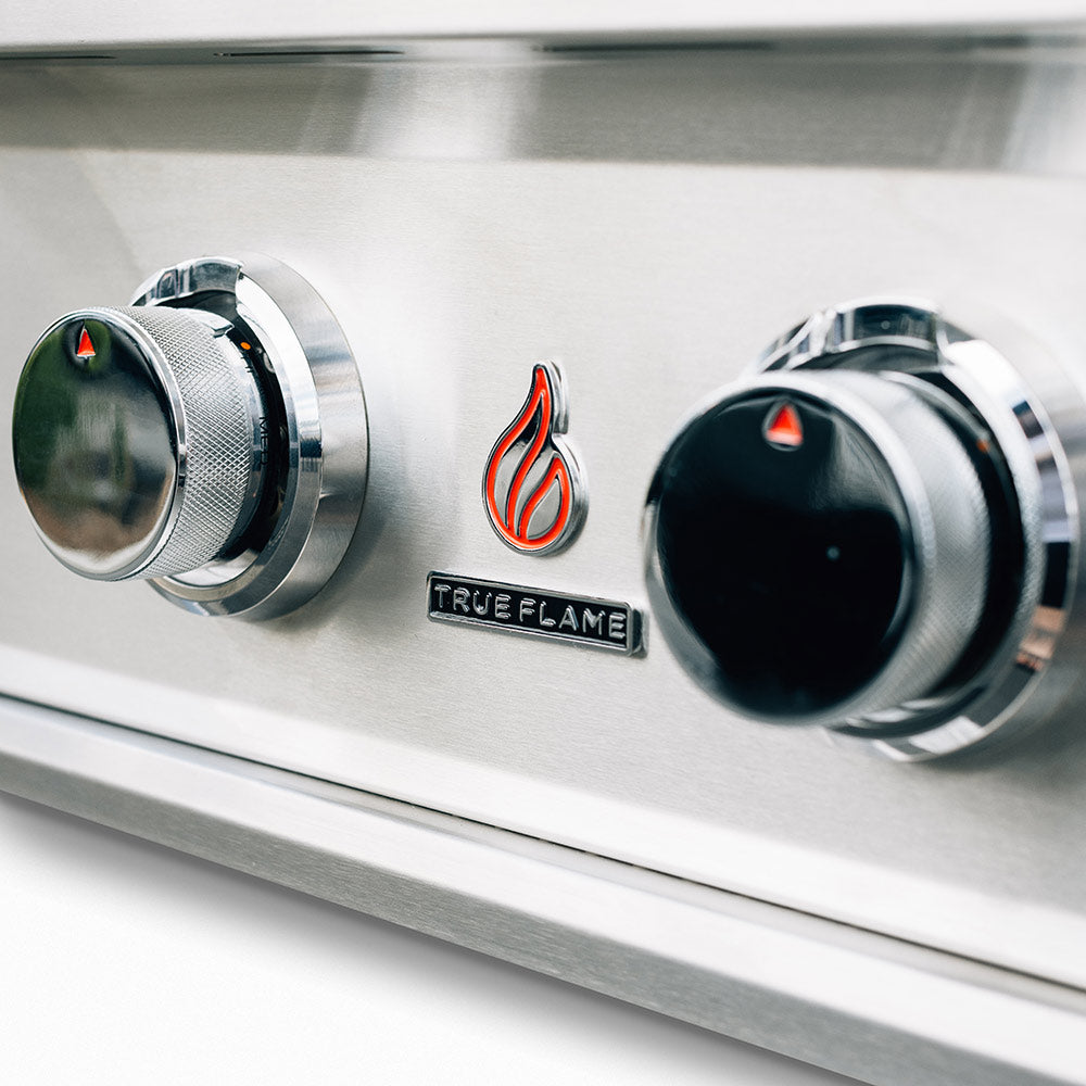 Gas grill control panel with TrueFlame logo, indicator flames, and two round control knobs