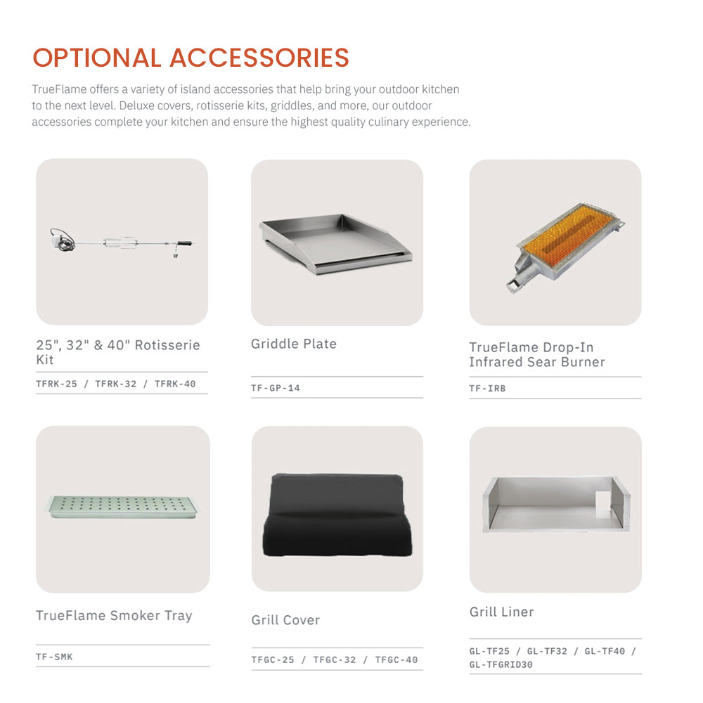Optional accessories brochure panel with labeled accessory thumbnails for a grill