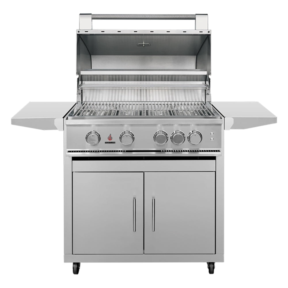 Stainless gas grill with open lid, cooking grates, and control knobs