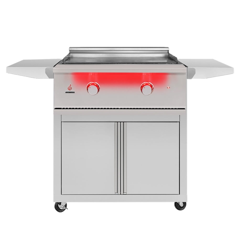 Gas griddle grill on cart with stainless lid, two round control knobs, side shelves