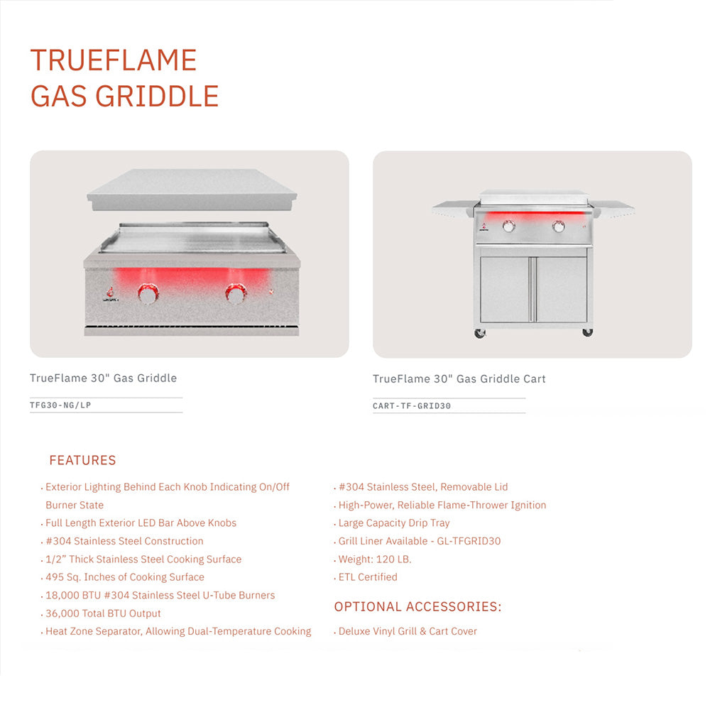 TrueFlame gas griddle brochure page with product photos and feature list