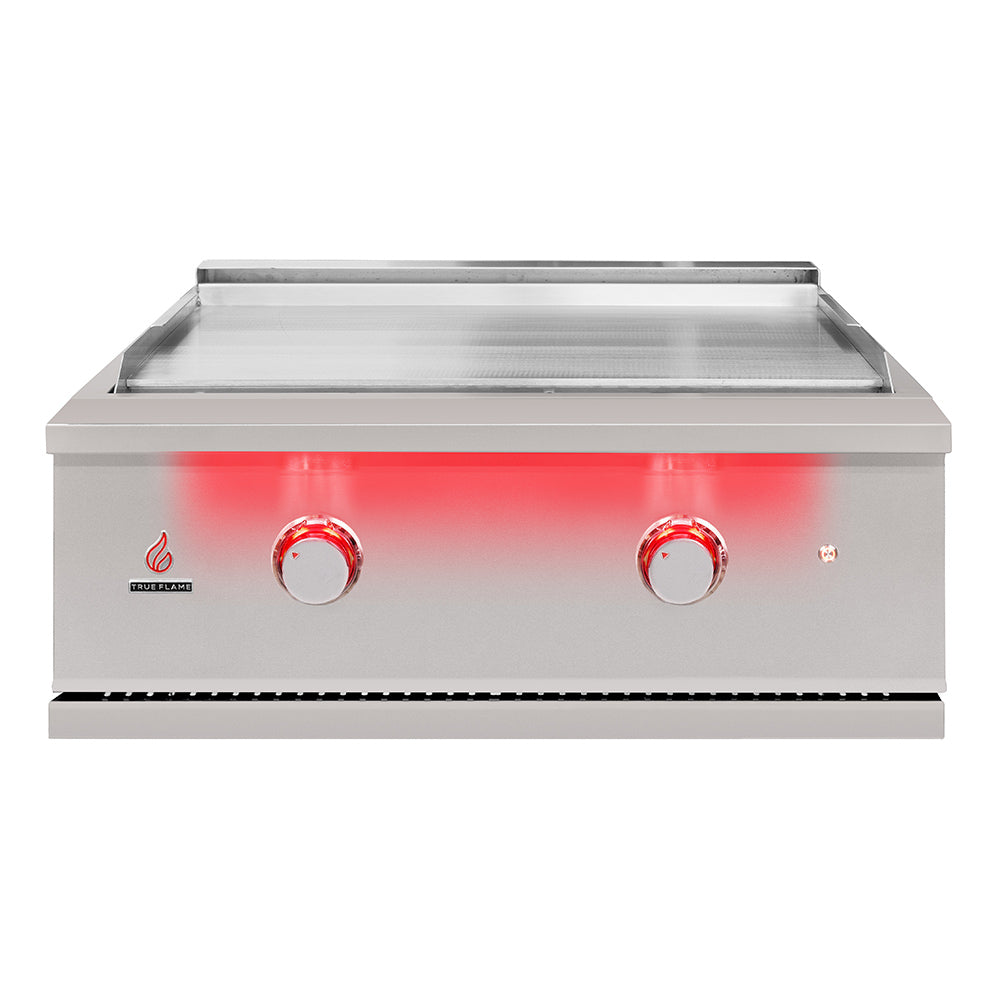 Stainless steel built-in gas griddle with two red-lit knobs and flat cooking surface