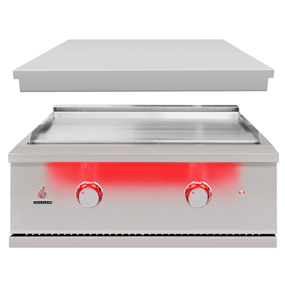 Stainless steel built-in gas griddle with flat lid and two red control knobs
