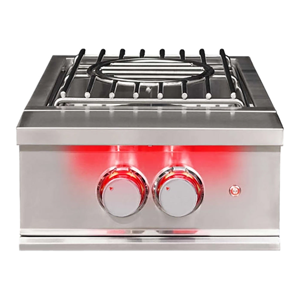 Built-in gas power burner with stainless steel front, two chrome control knobs, and burner grate.