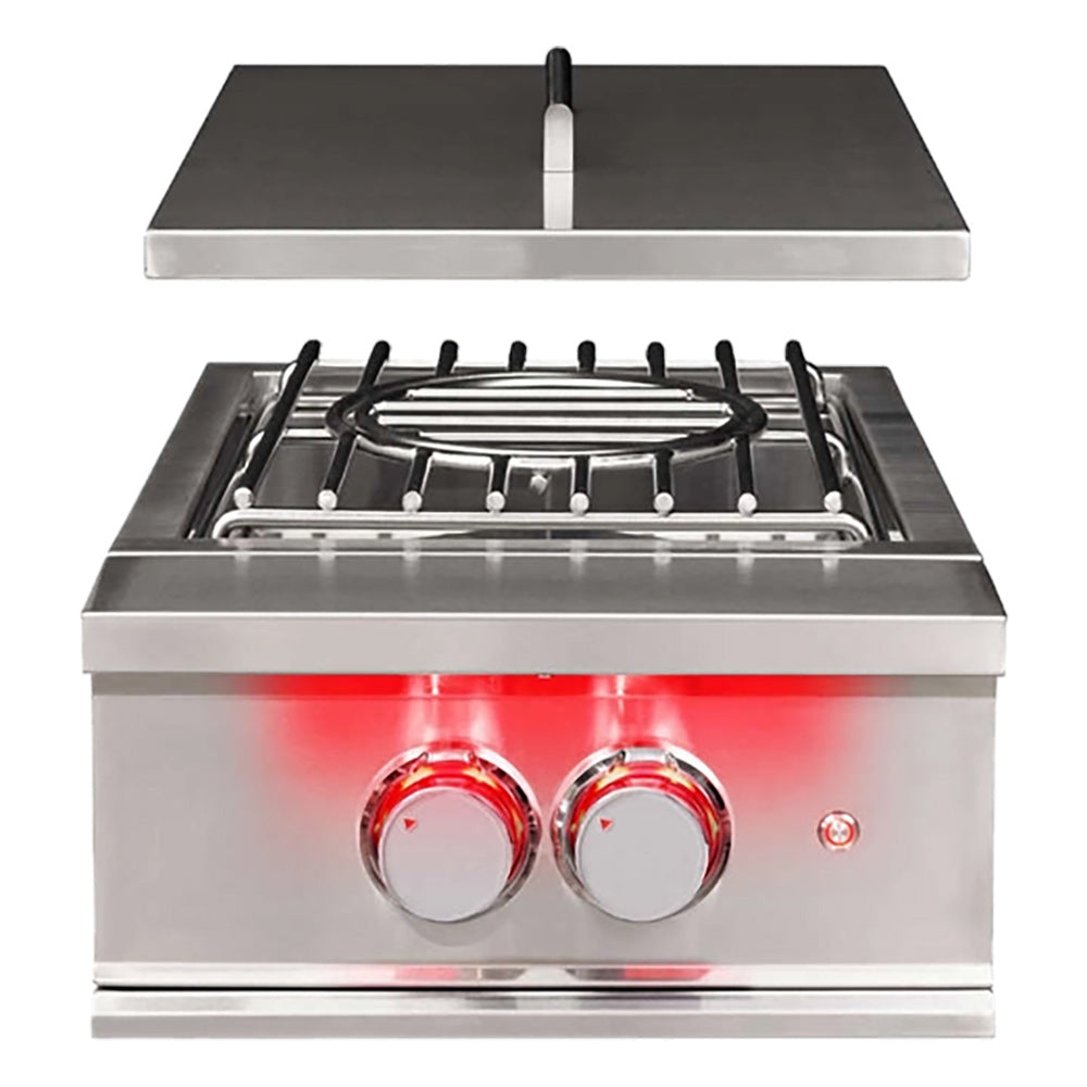 Built-in gas power burner with stainless steel body, two chrome knobs, and open grill grates.