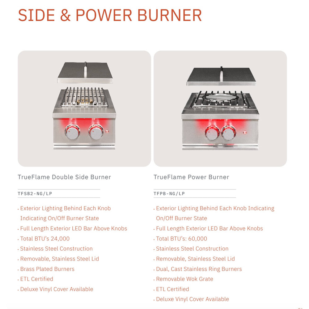 Side & power burner feature chart showing TrueFlame power burner with knob and burner images.