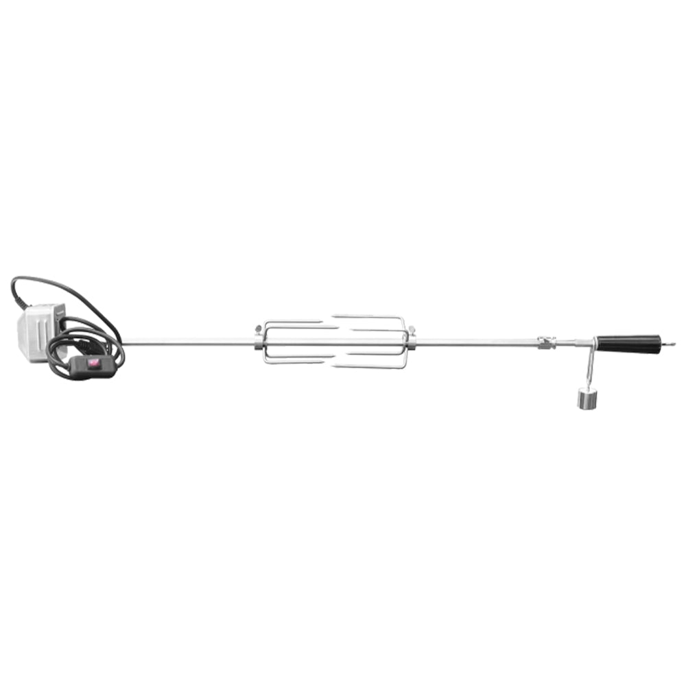 Rotisserie grill kit with stainless steel spit rod, front mounting forks and handle