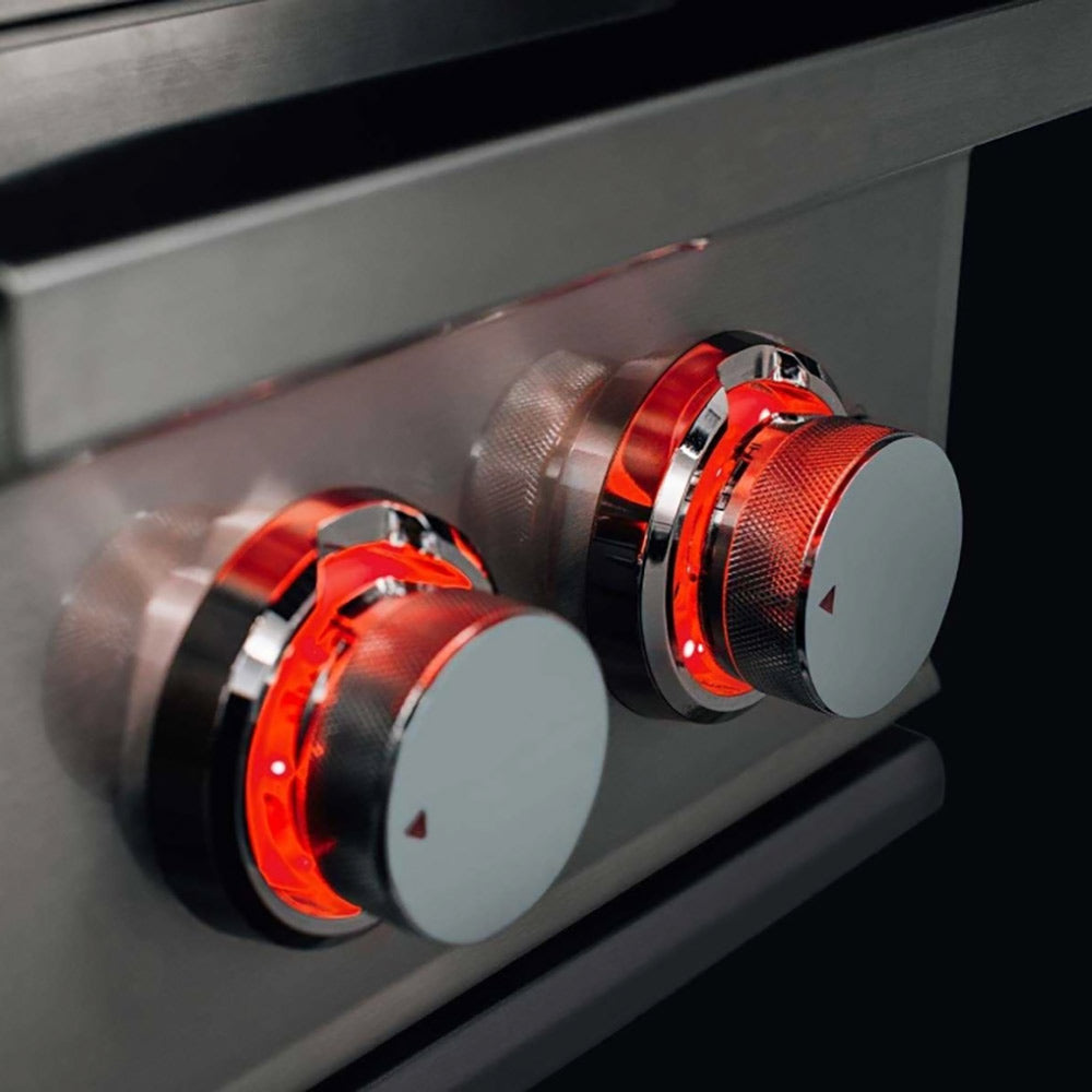 Pair of side burner control knobs with red indicator rings and black accents on stainless