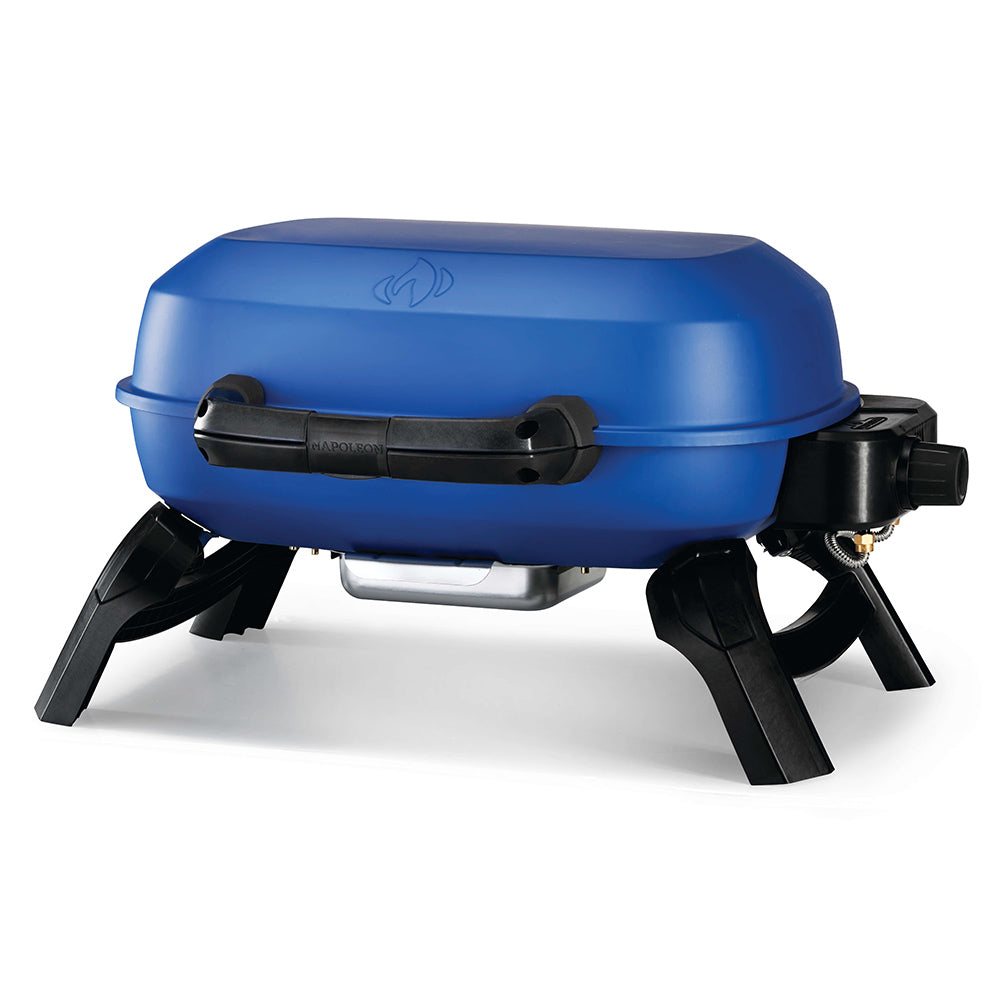 Blue portable tabletop gas grill with black side handle and front control knob