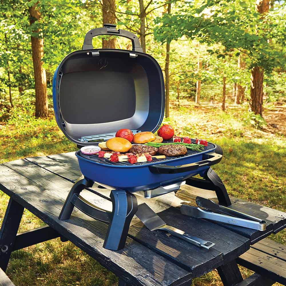 Blue portable tabletop gas grill open with burgers and vegetables on the grates