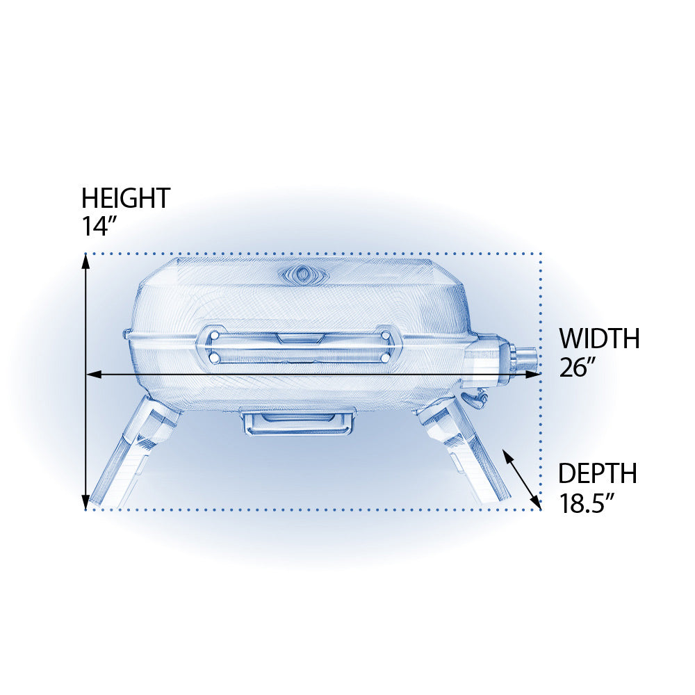 Blue portable tabletop gas grill dimensions graphic: Height 14", Width 26", Depth 18.5"