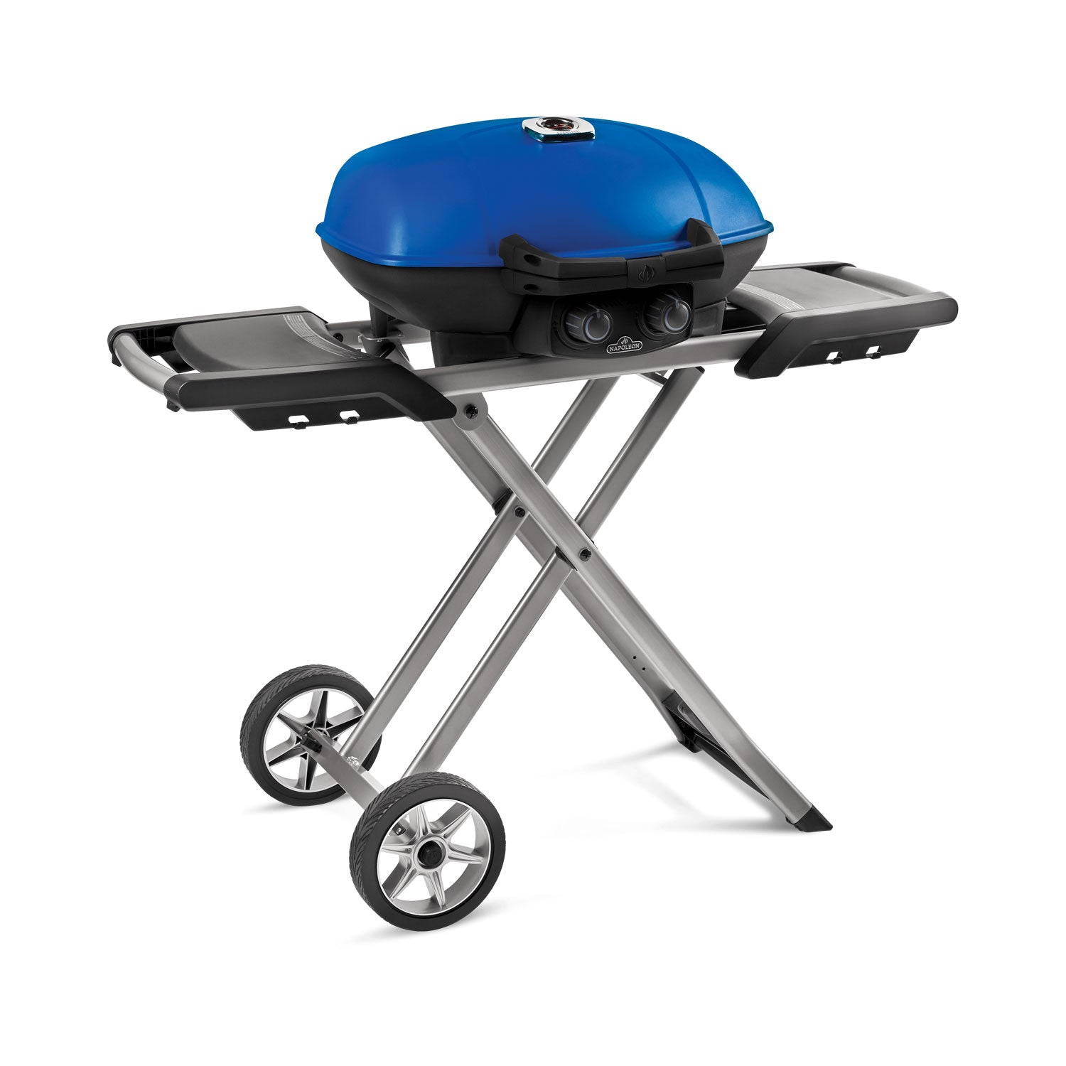 Portable propane grill with blue lid, black grates, and side shelves on wheels