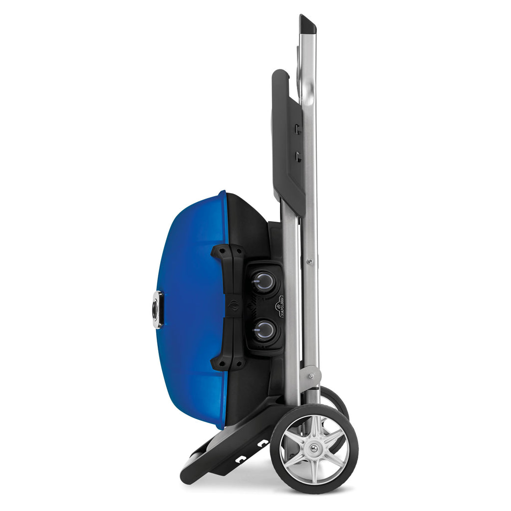 Portable propane grill side view with blue body, control knobs, and silver legs