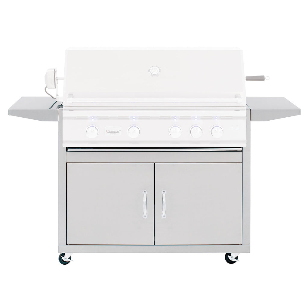 Outdoor grill cart with white cabinet doors, control knobs, and side shelves on wheels