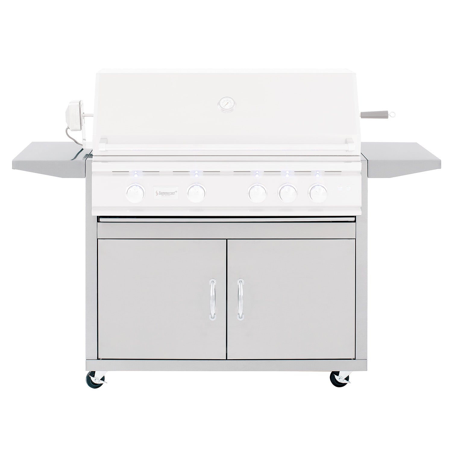 Outdoor grill cart with white cabinet doors, control knobs, and side shelves on wheels