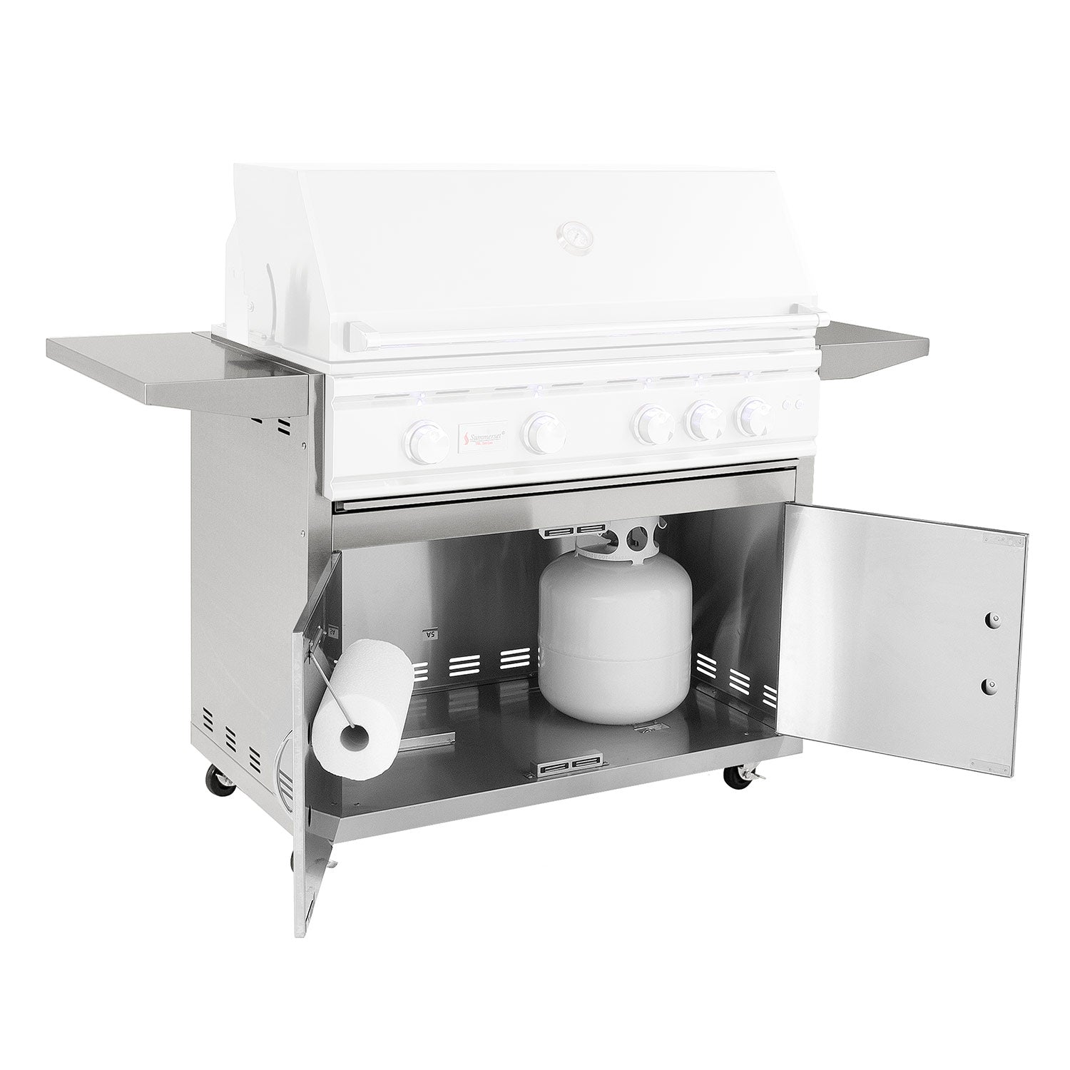Outdoor grill cart with open storage cabinet and stainless steel sides, propane tank holder