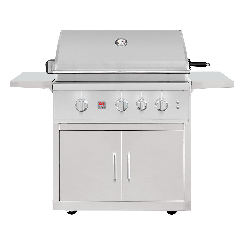 Freestanding stainless steel gas grill with closed lid and control knobs