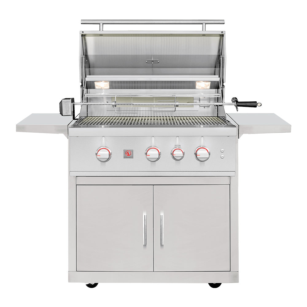 Freestanding stainless steel gas grill with open hood and cooking grate