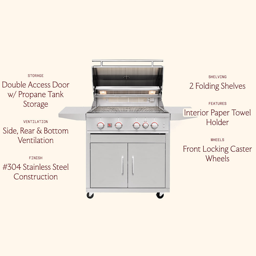 Freestanding gas grill with double doors, folding side shelves, and locking casters