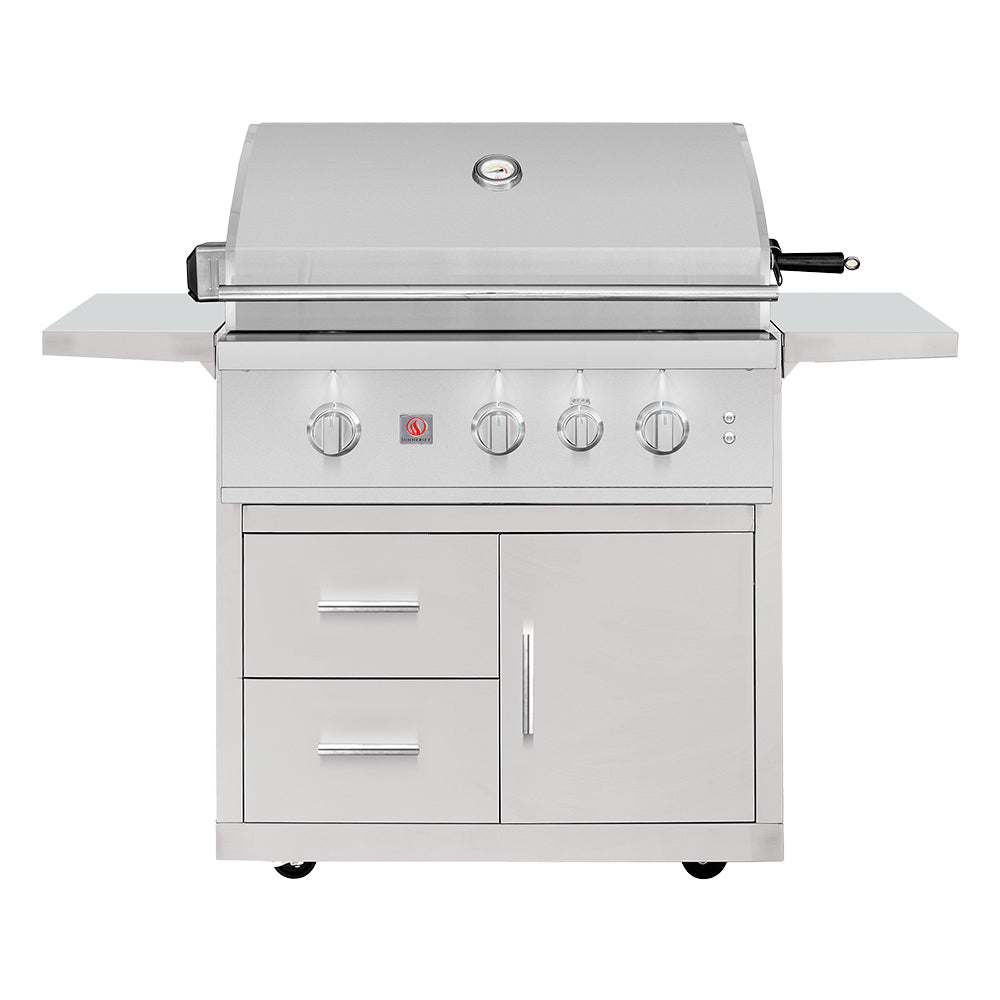 Freestanding gas grill on deluxe cart with stainless body and front control knobs