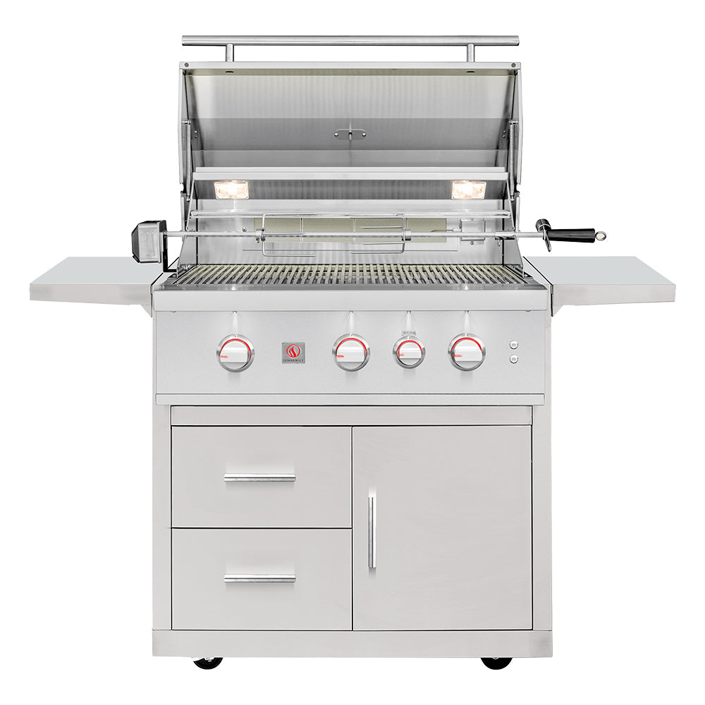 Freestanding gas grill on deluxe cart with open lid, grill grate, and front control knobs