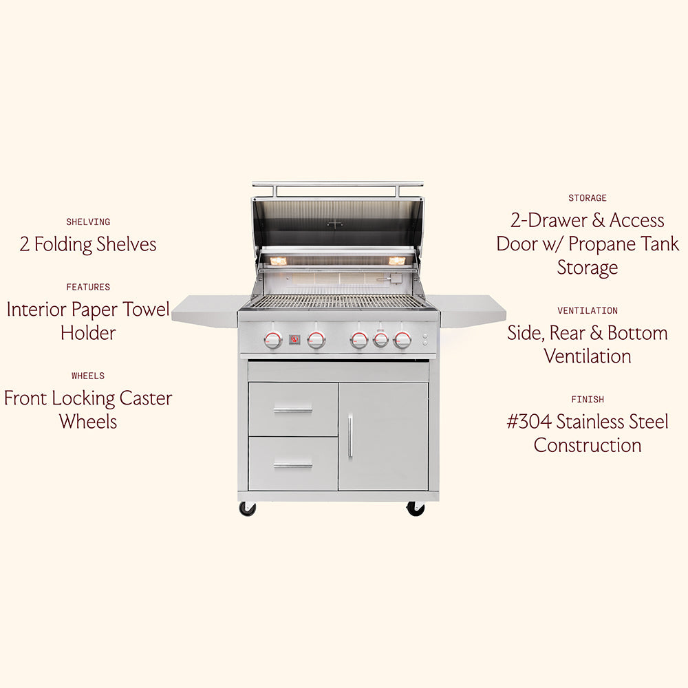 Freestanding gas grill on deluxe cart with open lid, side shelves, and two drawer storage