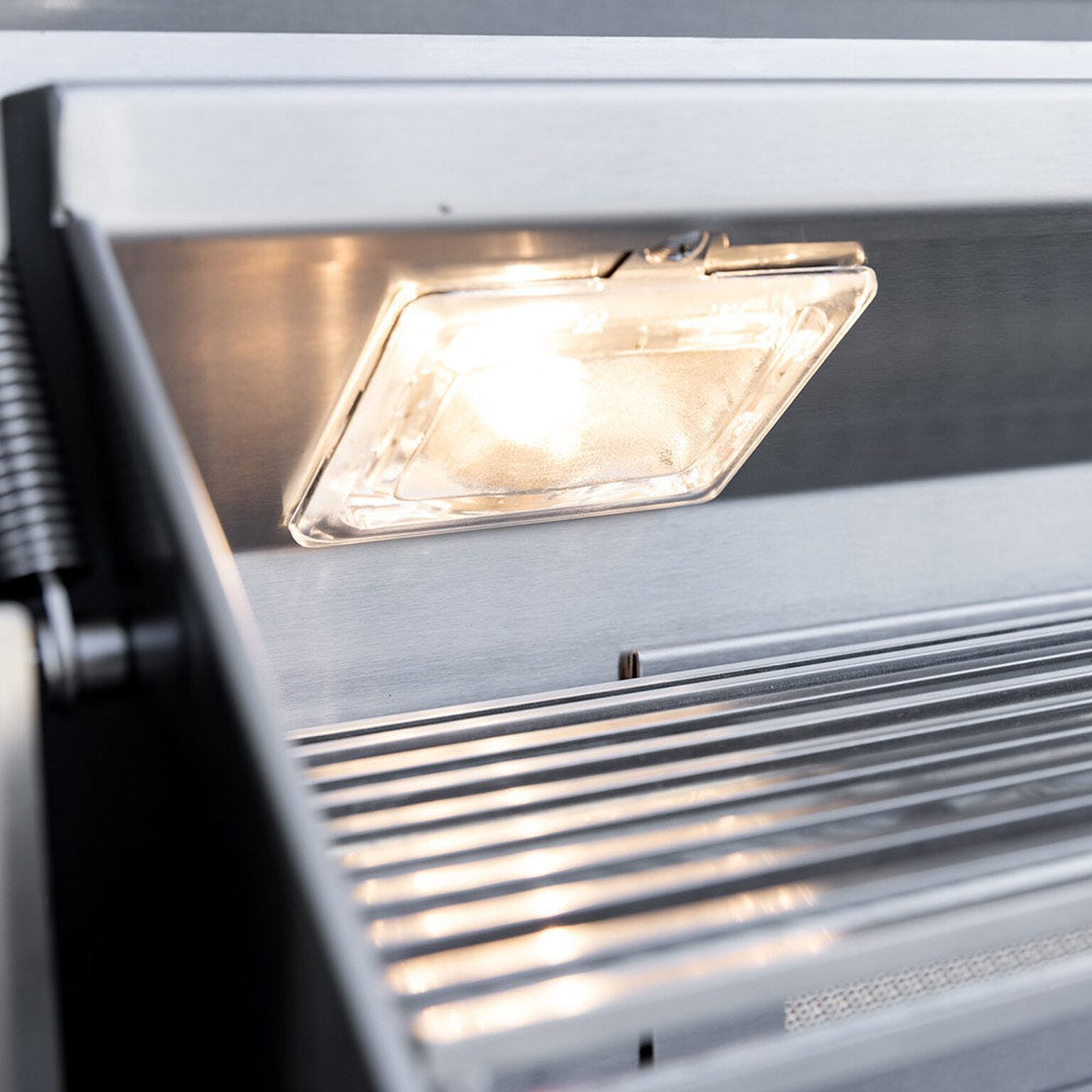 Stainless gas grill with interior light above the cooking grates
