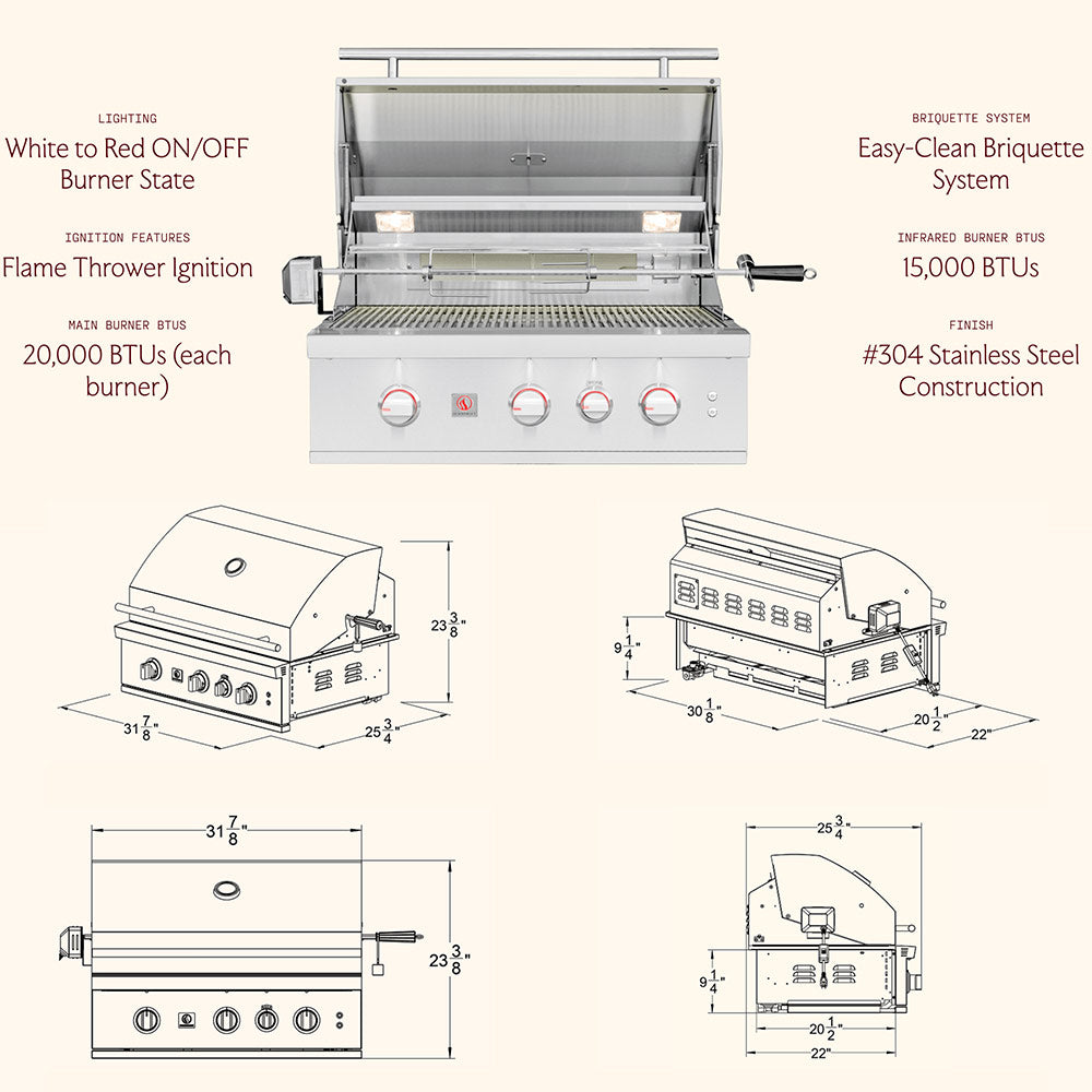 Diagram of a stainless built-in gas grill with labeled front and open-lid view