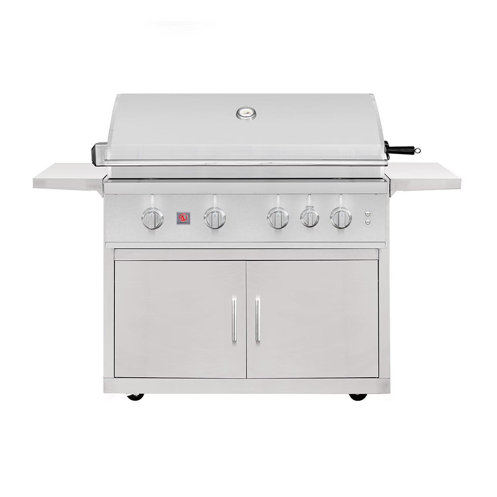 Freestanding gas grill, light gray with closed hood, control knobs, side shelves
