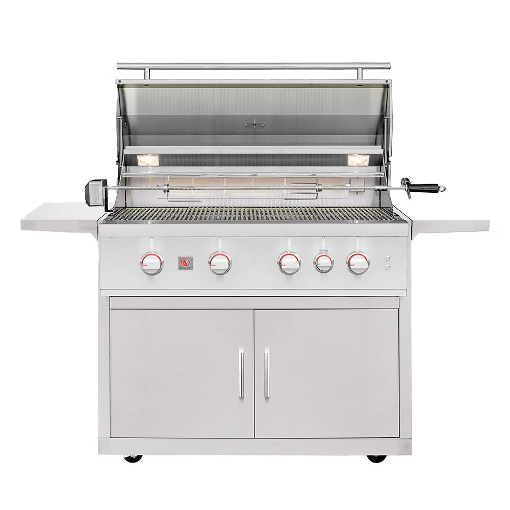 Freestanding gas grill, light gray with open hood showing cooking grates and burners