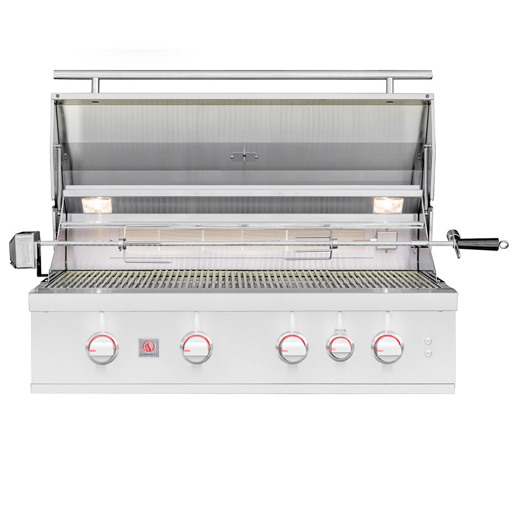 Built-in gas grill with open lid, stainless burners and grates