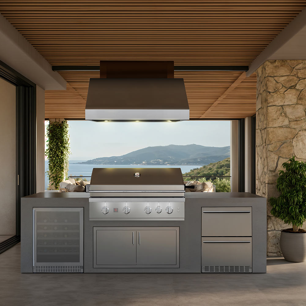 Built-in gas grill with hood and stainless cabinet base