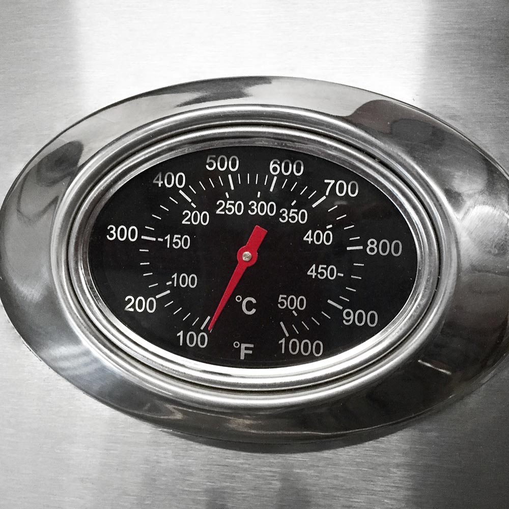Stainless grill thermometer with temperature scale and red pointer