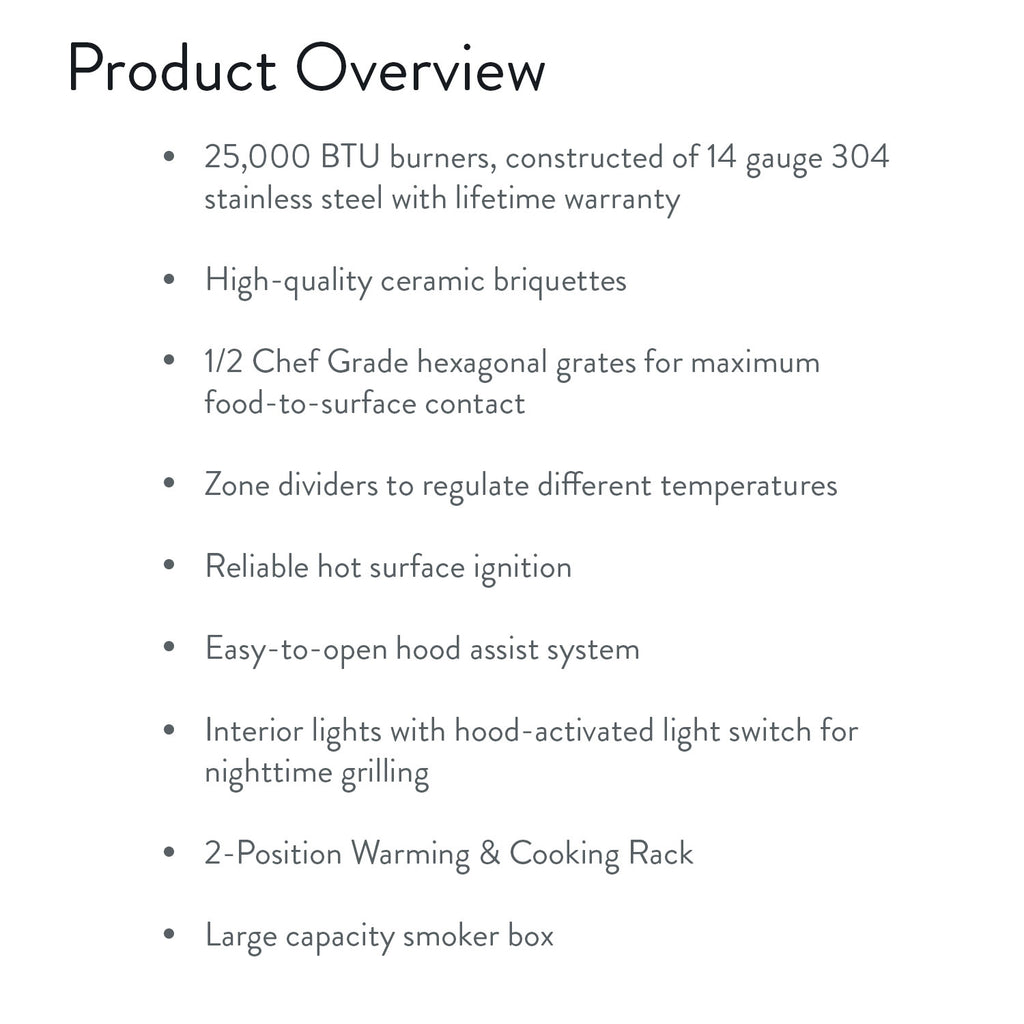 Gas grill product overview diagram listing key features and specifications