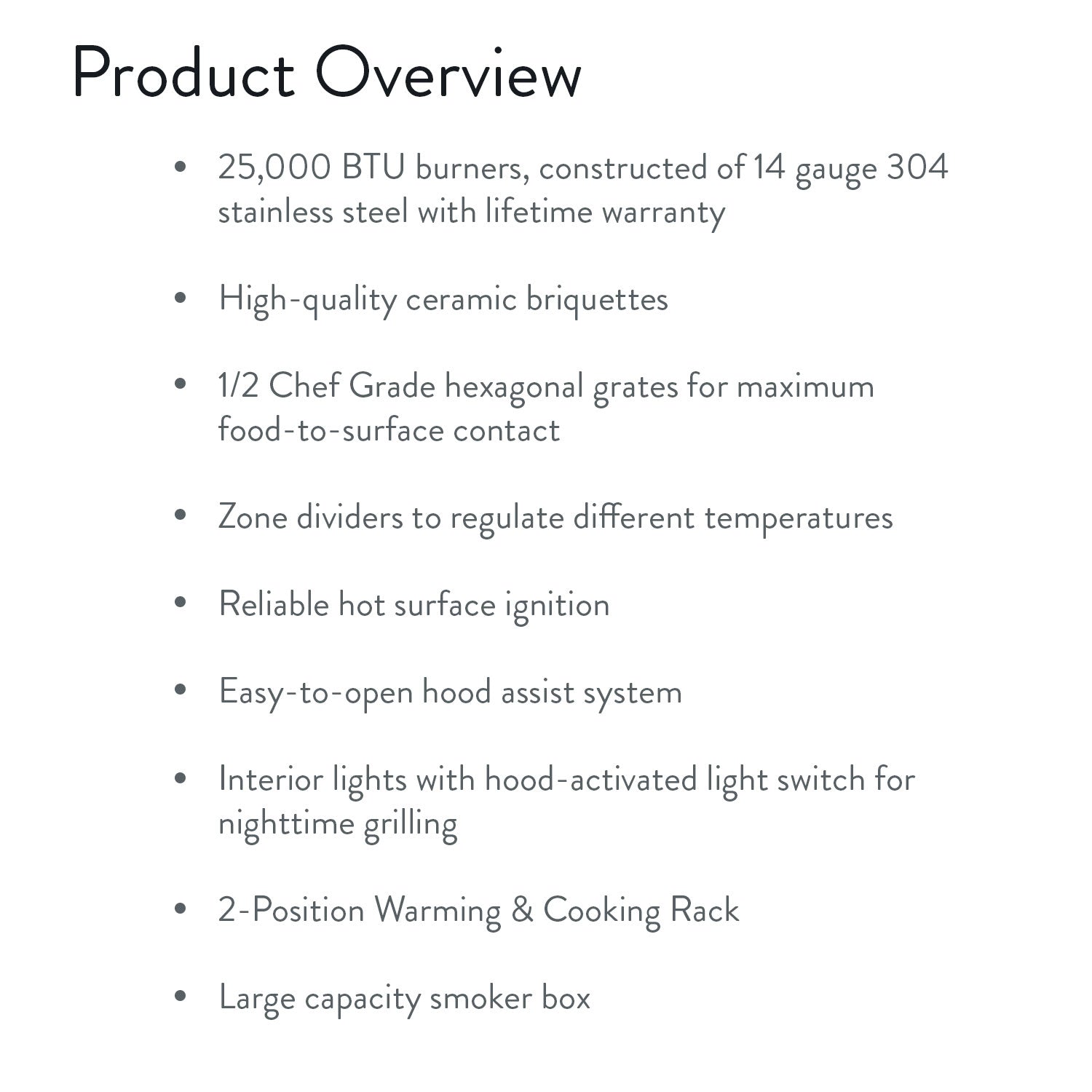Gas grill product overview feature list with specifications and key components