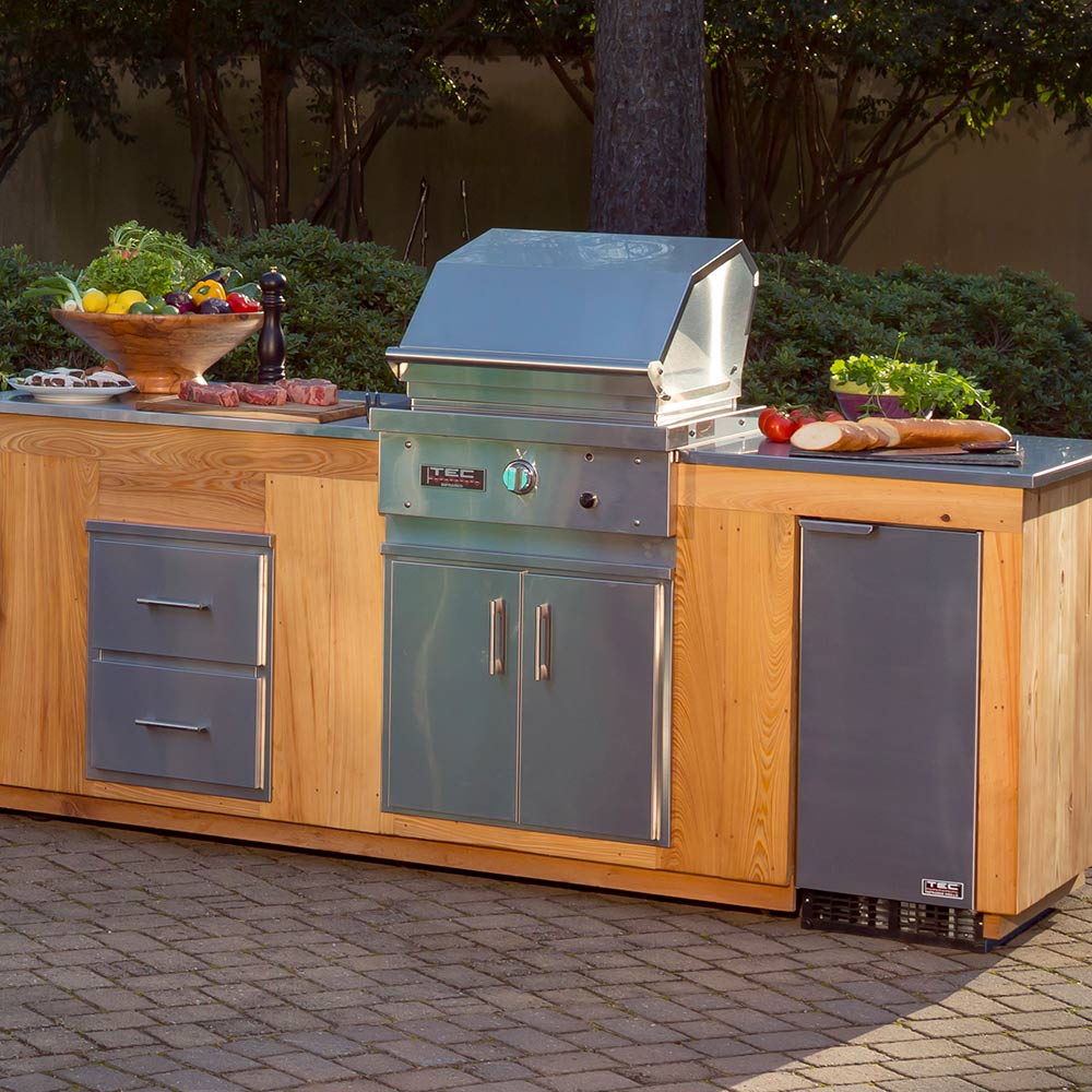 Outdoor metal cabinet with two stacked drawers and bar handles